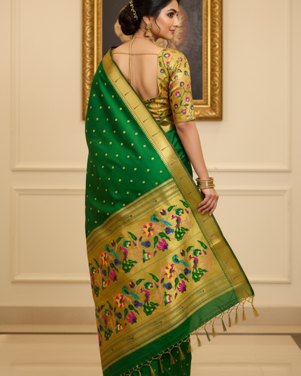 Gauri Muniyaa Paithani Silk Saree | Allover Butti with Meena Zari Blouse - Rosepetals Luxe