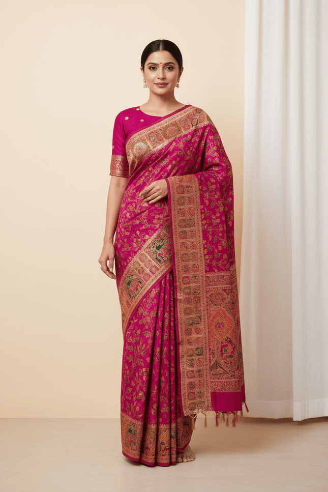 Hand-Dyed Rajwadi Pashmina Silk Saree | Kashmiri Pallu - Rosepetals Luxe
