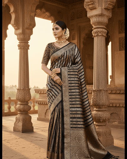 Handloom Pure Silk Saree | Silver & Golden Zari Weaving | Silk Mark Certified - Rosepetals Luxe