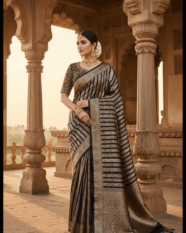 Handloom Pure Silk Saree | Silver & Golden Zari Weaving | Silk Mark Certified - Rosepetals Luxe