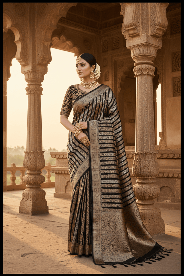 Handloom Pure Silk Saree | Silver & Golden Zari Weaving | Silk Mark Certified - Rosepetals Luxe