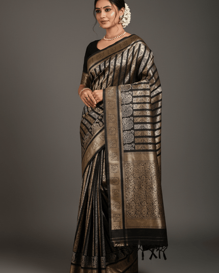 Handloom Pure Silk Saree | Silver & Golden Zari Weaving | Silk Mark Certified - Rosepetals Luxe