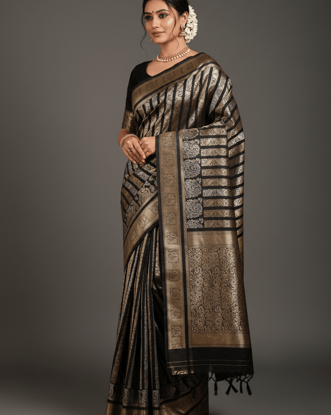 Handloom Pure Silk Saree | Silver & Golden Zari Weaving | Silk Mark Certified - Rosepetals Luxe