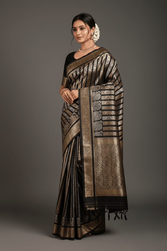 Handloom Pure Silk Saree | Silver & Golden Zari Weaving | Silk Mark Certified - Rosepetals Luxe