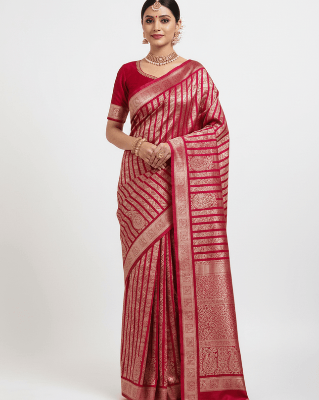 Handloom Pure Silk Saree | Silver & Golden Zari Weaving | Silk Mark Certified - Rosepetals Luxe