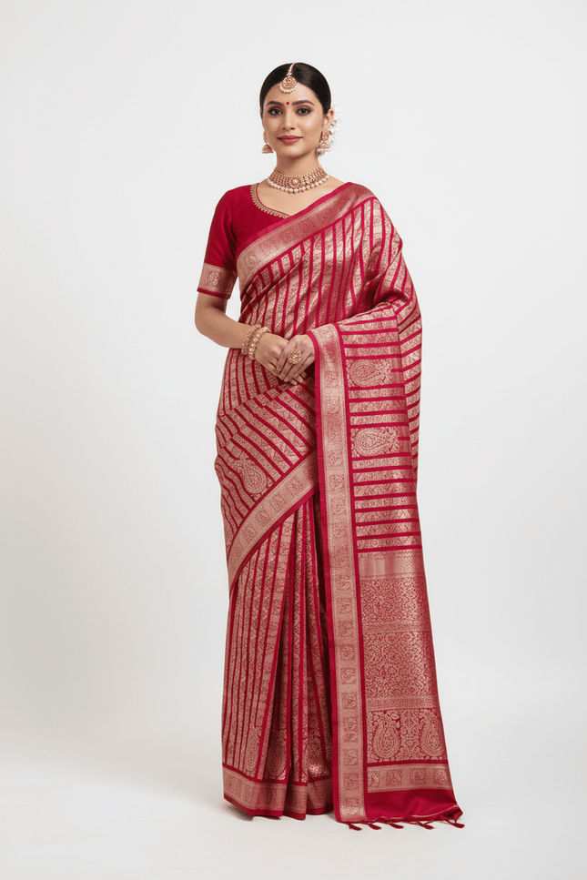 Handloom Pure Silk Saree | Silver & Golden Zari Weaving | Silk Mark Certified - Rosepetals Luxe