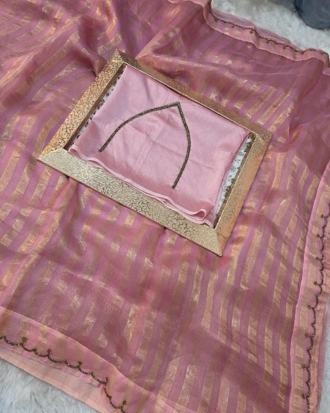 Handloom Pure Tissue Strips Handwork Scallops Saree with Pure Chanderi Blouse Piece - Rosepetals Luxe