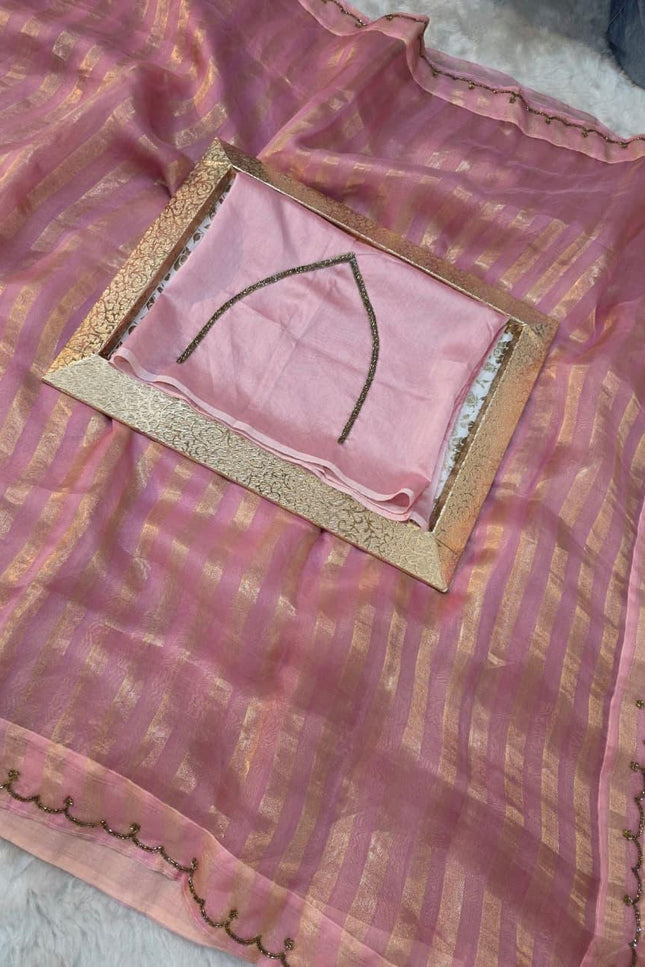 Handloom Pure Tissue Strips Handwork Scallops Saree with Pure Chanderi Blouse Piece - Rosepetals Luxe