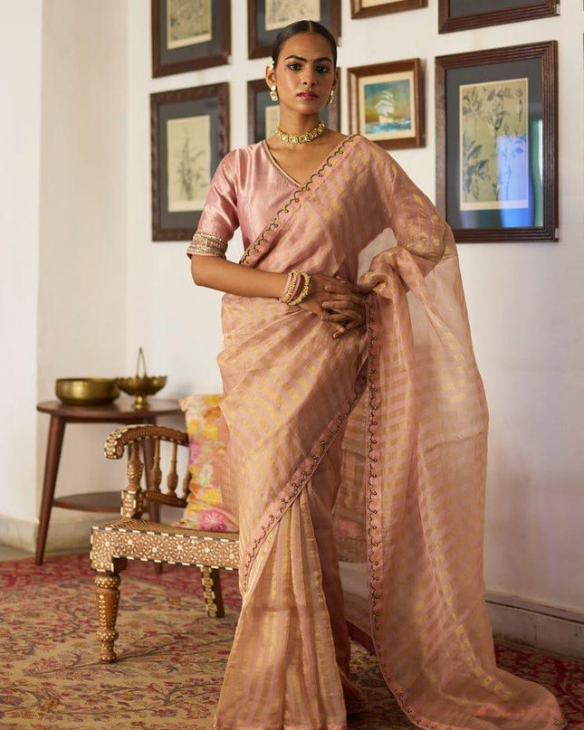 Handloom Pure Tissue Strips Handwork Scallops Saree with Pure Chanderi Blouse Piece - Rosepetals Luxe