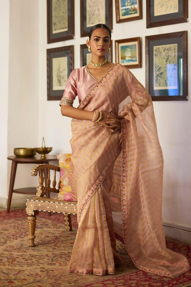 Handloom Pure Tissue Strips Handwork Scallops Saree with Pure Chanderi Blouse Piece - Rosepetals Luxe