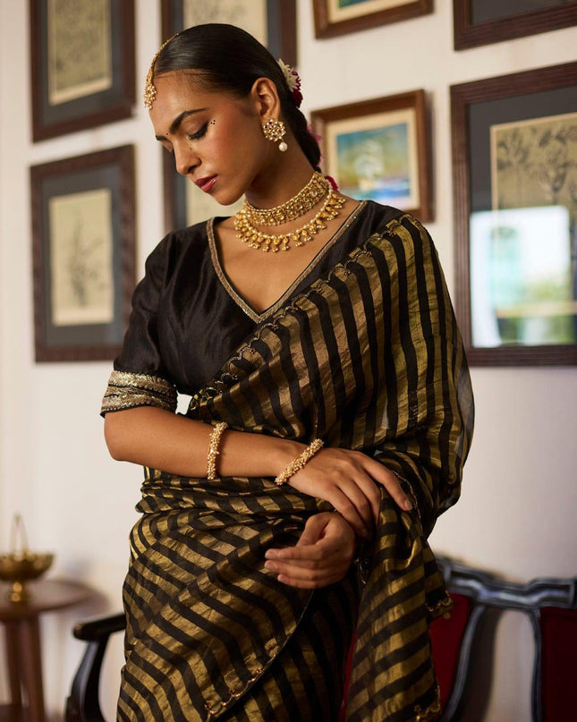 Handloom Pure Tissue Strips Handwork Scallops Saree with Pure Chanderi Blouse Piece - Rosepetals Luxe