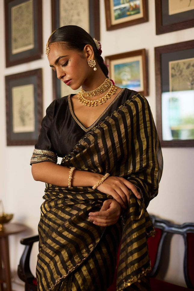 Handloom Pure Tissue Strips Handwork Scallops Saree with Pure Chanderi Blouse Piece - Rosepetals Luxe