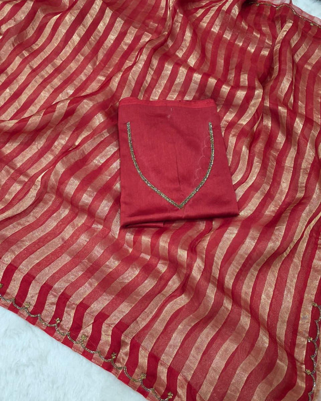 Handloom Pure Tissue Strips Handwork Scallops Saree with Pure Chanderi Blouse Piece - Rosepetals Luxe