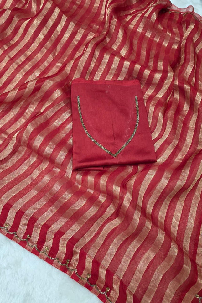 Handloom Pure Tissue Strips Handwork Scallops Saree with Pure Chanderi Blouse Piece - Rosepetals Luxe