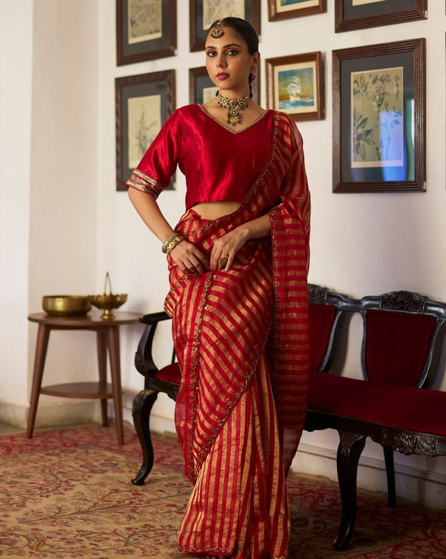 Handloom Pure Tissue Strips Handwork Scallops Saree with Pure Chanderi Blouse Piece - Rosepetals Luxe