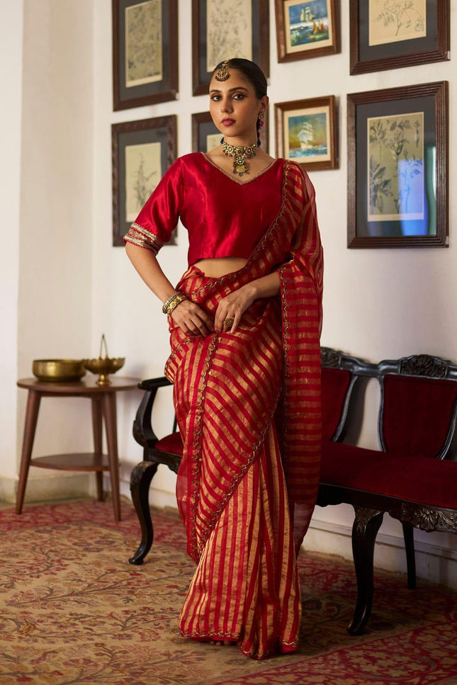 Handloom Pure Tissue Strips Handwork Scallops Saree with Pure Chanderi Blouse Piece - Rosepetals Luxe