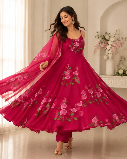 Handpainted Georgette Anarkali Suit Set | Buttersilk Pant & Dupatta | Fully Stitched - Rosepetals Luxe