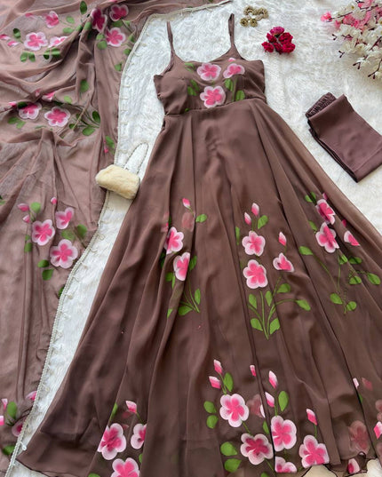 Handpainted Georgette Anarkali Suit Set | Buttersilk Pant & Dupatta | Fully Stitched - Rosepetals Luxe