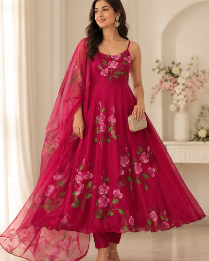 Handpainted Georgette Anarkali Suit Set | Buttersilk Pant & Dupatta | Fully Stitched - Rosepetals Luxe
