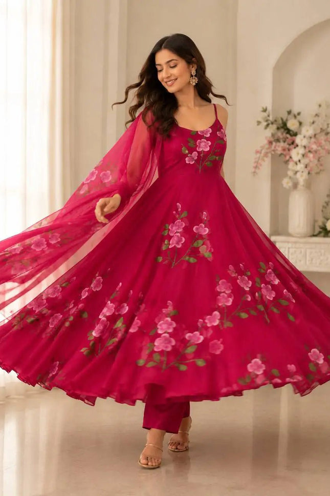 Handpainted Georgette Anarkali Suit Set | Buttersilk Pant & Dupatta | Fully Stitched - Rosepetals Luxe