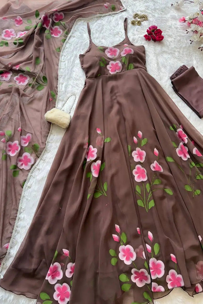 Handpainted Georgette Anarkali Suit Set | Buttersilk Pant & Dupatta | Fully Stitched - Rosepetals Luxe