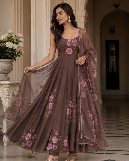 Handpainted Georgette Anarkali Suit Set | Buttersilk Pant & Dupatta | Fully Stitched - Rosepetals Luxe