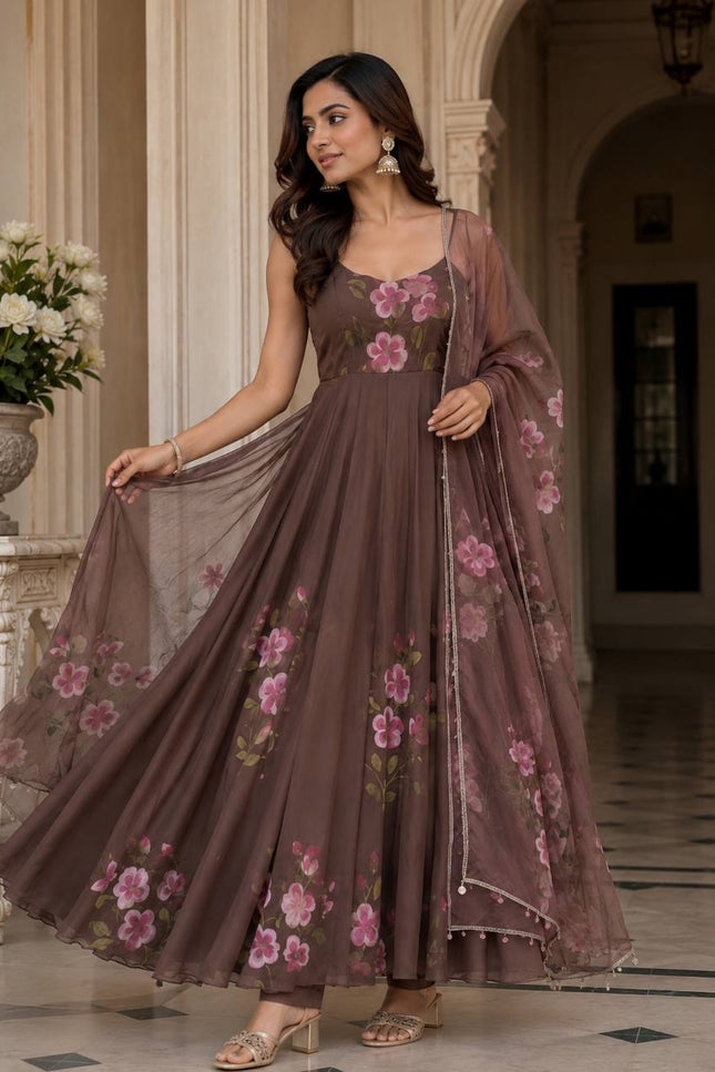 Handpainted Georgette Anarkali Suit Set | Buttersilk Pant & Dupatta | Fully Stitched - Rosepetals Luxe