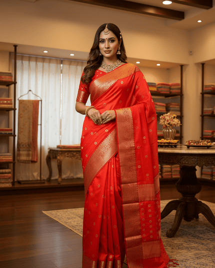 Handwoven Pure Chanderi Katan Silk Saree | Meenakari Motifs & Golden Zari Pallu - Rosepetals Luxe