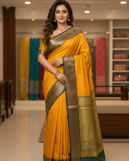 Handwoven Pure Chanderi Katan Silk Saree | Meenakari Motifs & Golden Zari Pallu - Rosepetals Luxe