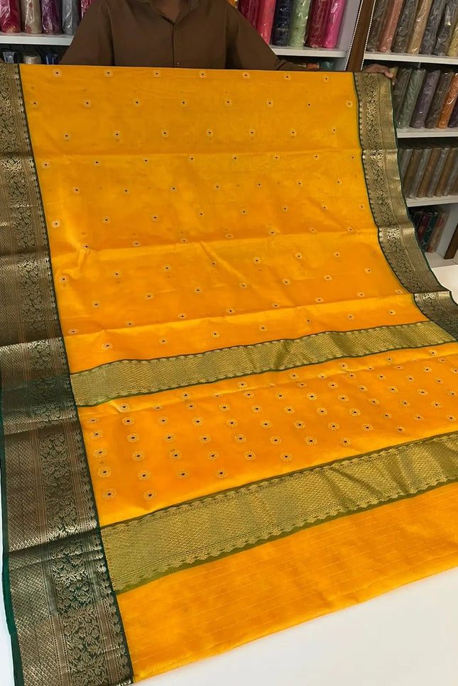 Handwoven Pure Chanderi Katan Silk Saree | Meenakari Motifs & Golden Zari Pallu - Rosepetals Luxe