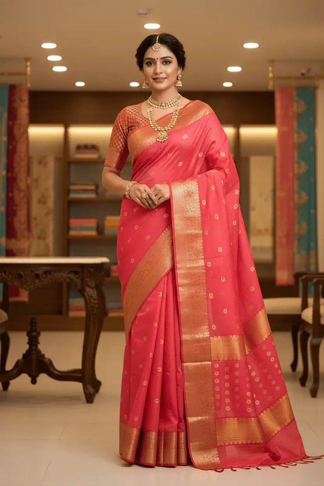 Handwoven Pure Chanderi Katan Silk Saree | Meenakari Motifs & Golden Zari Pallu - Rosepetals Luxe