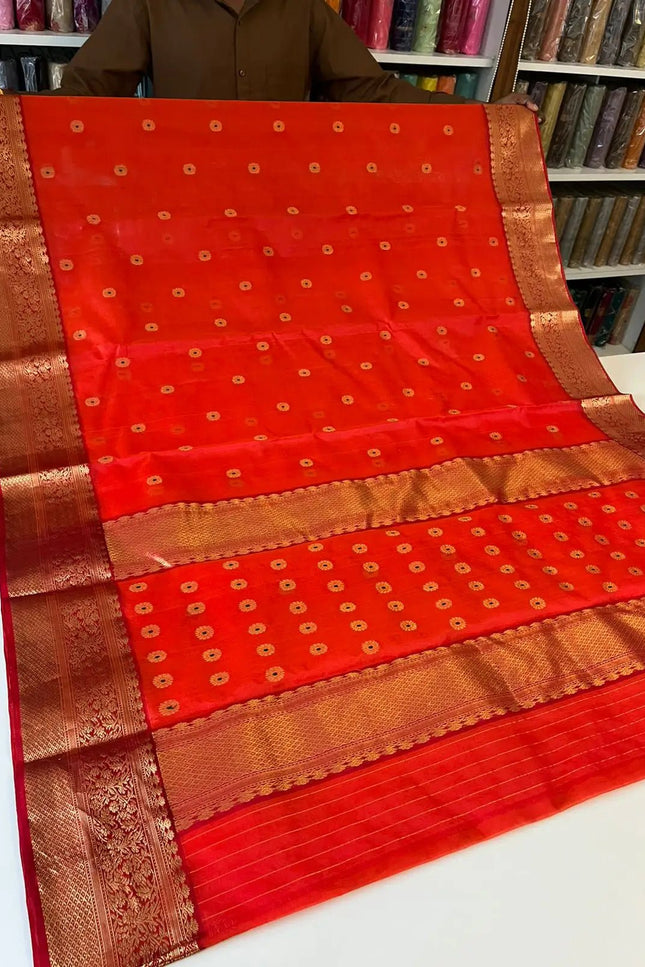 Handwoven Pure Chanderi Katan Silk Saree | Meenakari Motifs & Golden Zari Pallu - Rosepetals Luxe