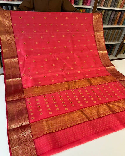 Handwoven Pure Chanderi Katan Silk Saree | Meenakari Motifs & Golden Zari Pallu - Rosepetals Luxe