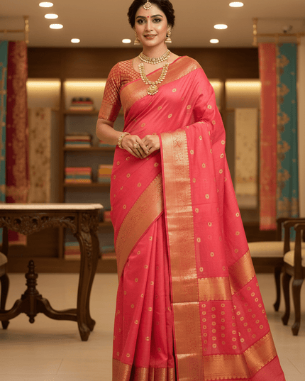 Handwoven Pure Chanderi Katan Silk Saree | Meenakari Motifs & Golden Zari Pallu - Rosepetals Luxe
