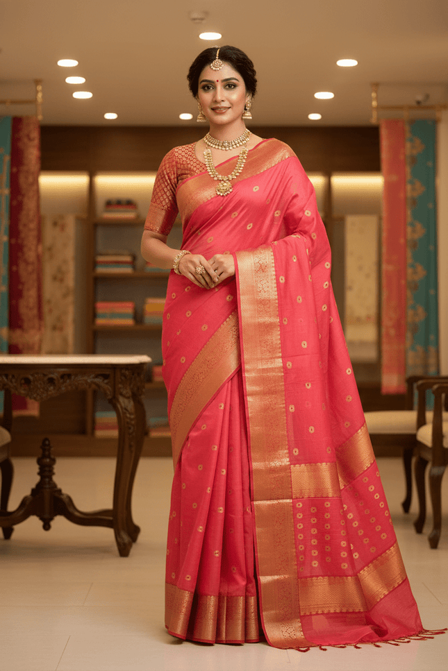 Handwoven Pure Chanderi Katan Silk Saree | Meenakari Motifs & Golden Zari Pallu - Rosepetals Luxe