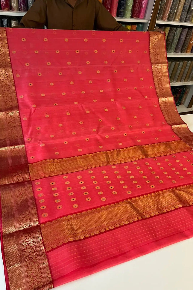 Handwoven Pure Chanderi Katan Silk Saree | Meenakari Motifs & Golden Zari Pallu - Rosepetals Luxe