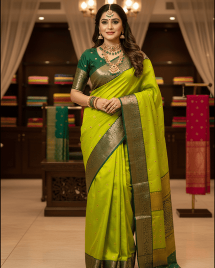 Handwoven Pure Chanderi Katan Silk Saree | Meenakari Motifs & Golden Zari Pallu - Rosepetals Luxe
