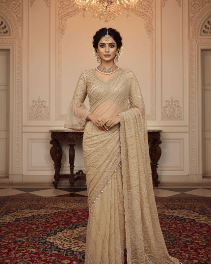 Heavy Beads, Sequins & Pearl Work Net Saree | Designer Stitched Blouse - Rosepetals Luxe