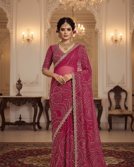 Heavy Beads, Sequins & Pearl Work Net Saree | Designer Stitched Blouse - Rosepetals Luxe