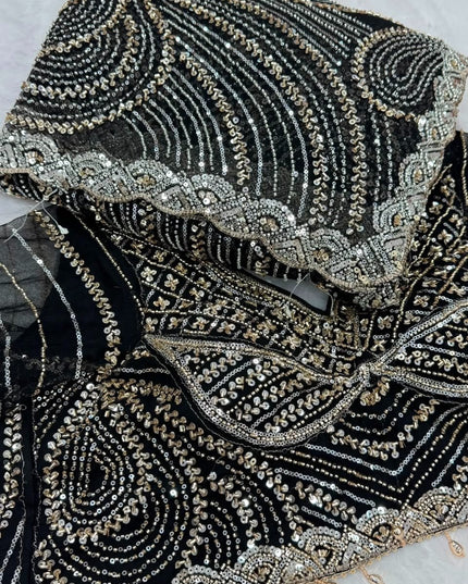 Heavy Beads, Sequins & Pearl Work Net Saree | Designer Stitched Blouse - Rosepetals Luxe