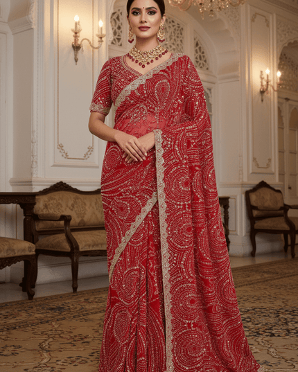 Heavy Beads, Sequins & Pearl Work Net Saree | Designer Stitched Blouse - Rosepetals Luxe