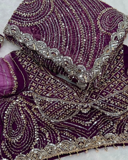Heavy Beads, Sequins & Pearl Work Net Saree | Designer Stitched Blouse - Rosepetals Luxe