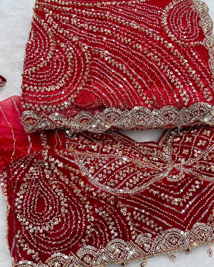 Heavy Beads, Sequins & Pearl Work Net Saree | Designer Stitched Blouse - Rosepetals Luxe