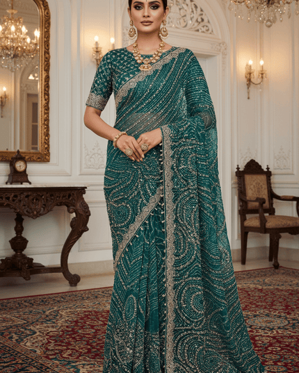 Heavy Beads, Sequins & Pearl Work Net Saree | Designer Stitched Blouse - Rosepetals Luxe