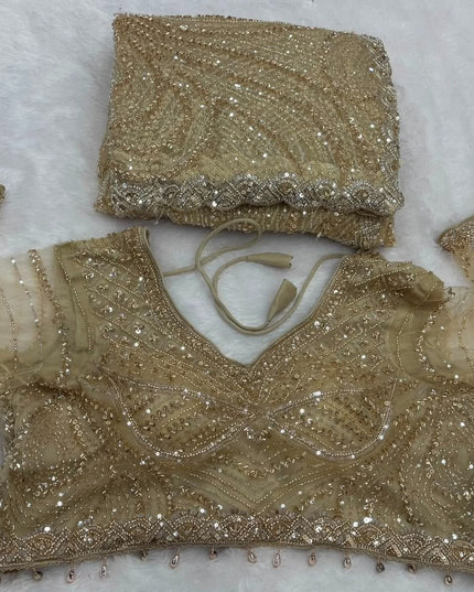 Heavy Beads, Sequins & Pearl Work Net Saree | Designer Stitched Blouse - Rosepetals Luxe