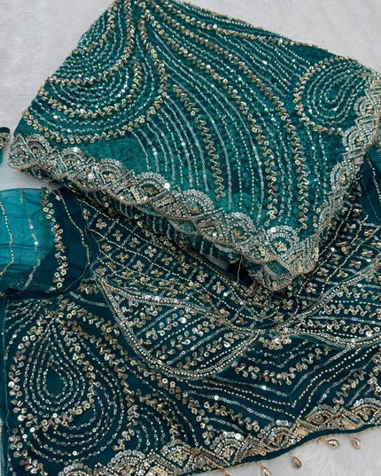Heavy Beads, Sequins & Pearl Work Net Saree | Designer Stitched Blouse - Rosepetals Luxe