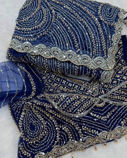 Heavy Beads, Sequins & Pearl Work Net Saree | Designer Stitched Blouse - Rosepetals Luxe