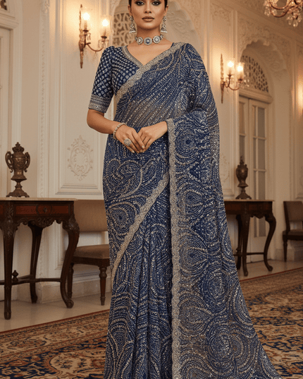 Heavy Beads, Sequins & Pearl Work Net Saree | Designer Stitched Blouse - Rosepetals Luxe