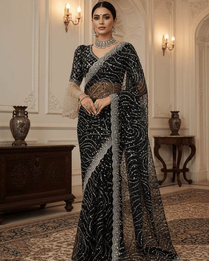 Heavy Beads, Sequins & Pearl Work Net Saree | Designer Stitched Blouse - Rosepetals Luxe