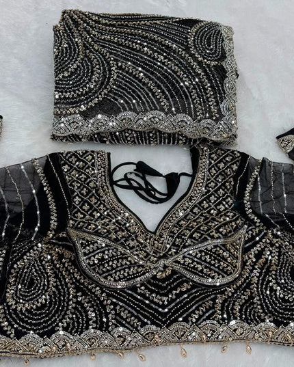 Heavy Beads, Sequins & Pearl Work Net Saree | Designer Stitched Blouse - Rosepetals Luxe